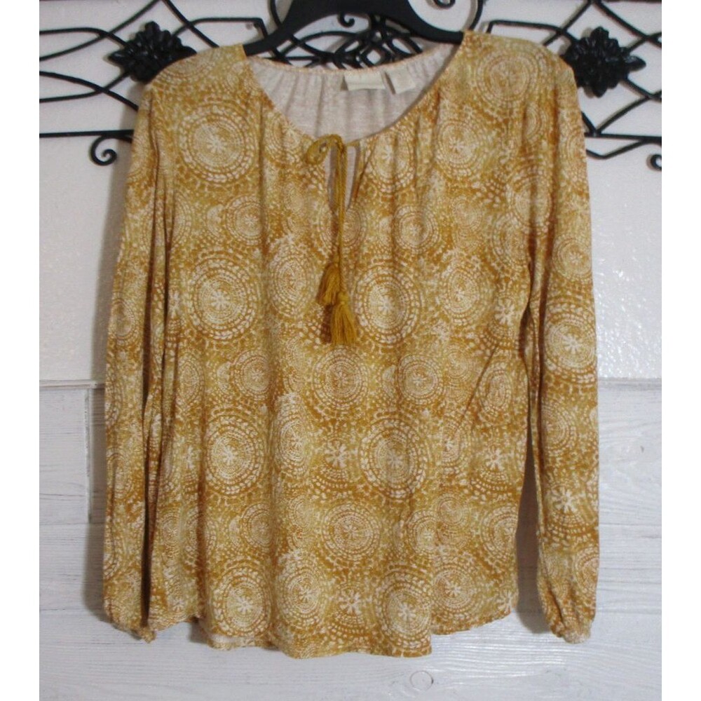 Chico's Women's Knit Top Size 1 US M Long Sleeve Mustard Round Neck
